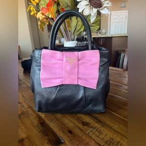 Prada Black Leather Pink Bow Fiocco Bag
